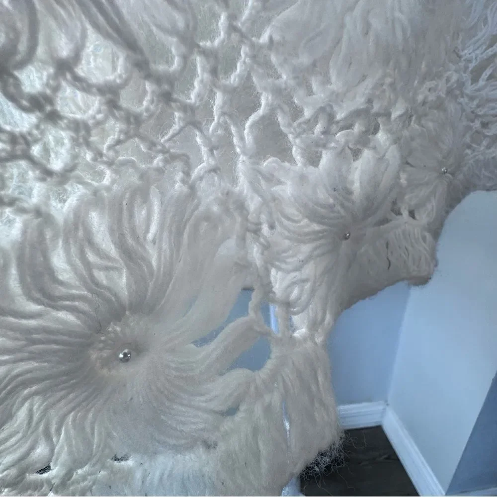 Handmade Crochet Cream Shawl Large Floral Pattern Pearl Detail Handmade